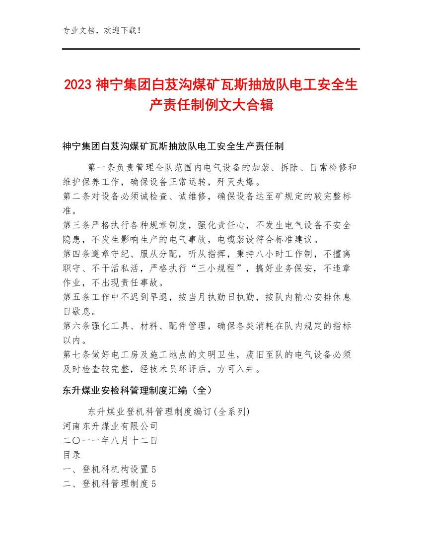 2023神宁集团白芨沟煤矿瓦斯抽放队电工安全生产责任制例文大合辑