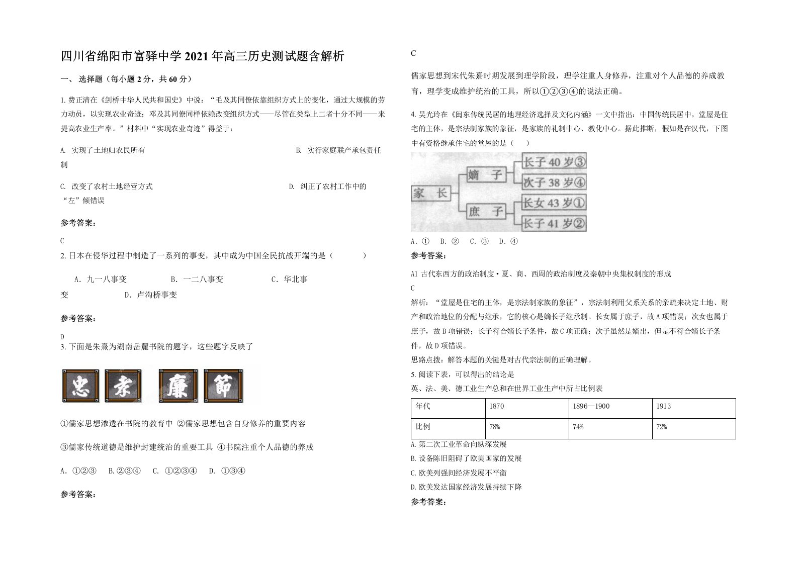 四川省绵阳市富驿中学2021年高三历史测试题含解析