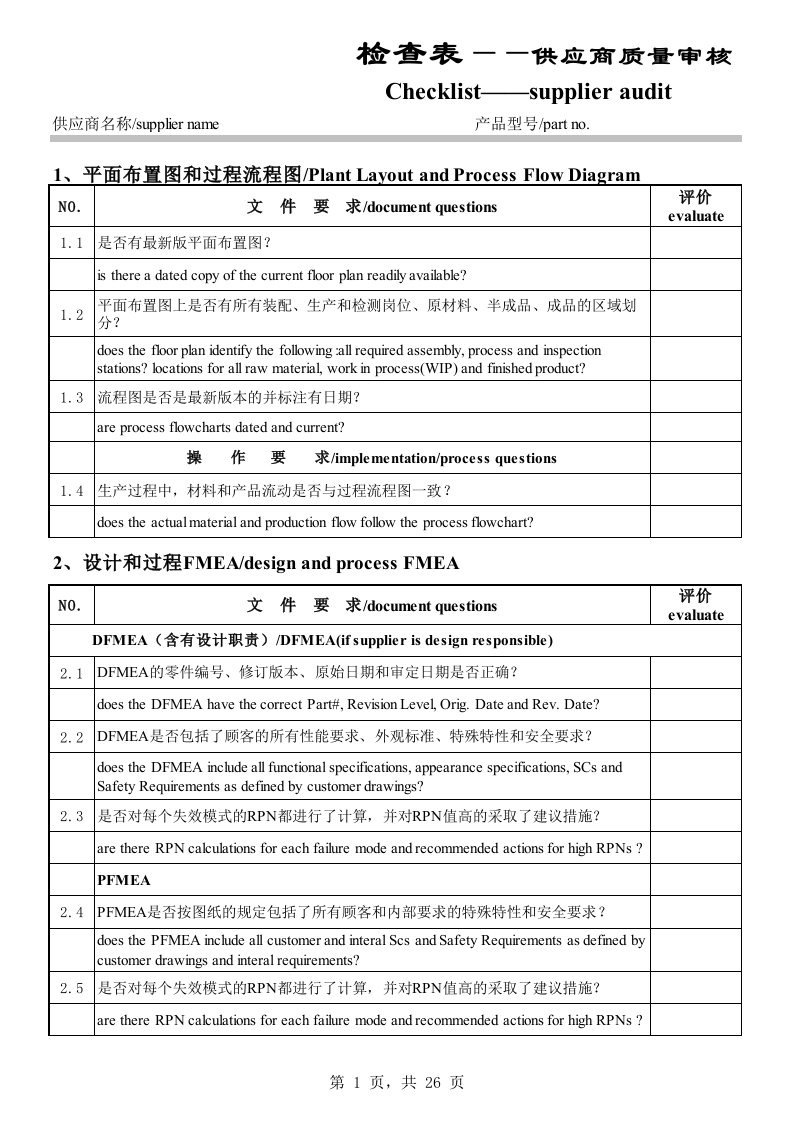 供应商质量审核检查表