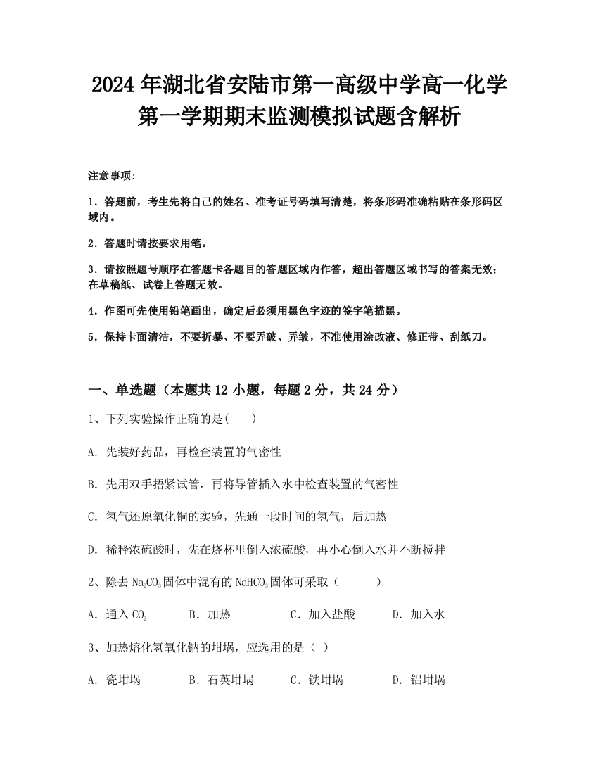 2024年湖北省安陆市第一高级中学高一化学第一学期期末监测模拟试题含解析