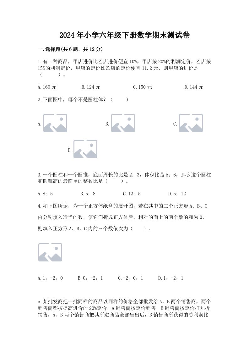 2024年小学六年级下册数学期末测试卷新版