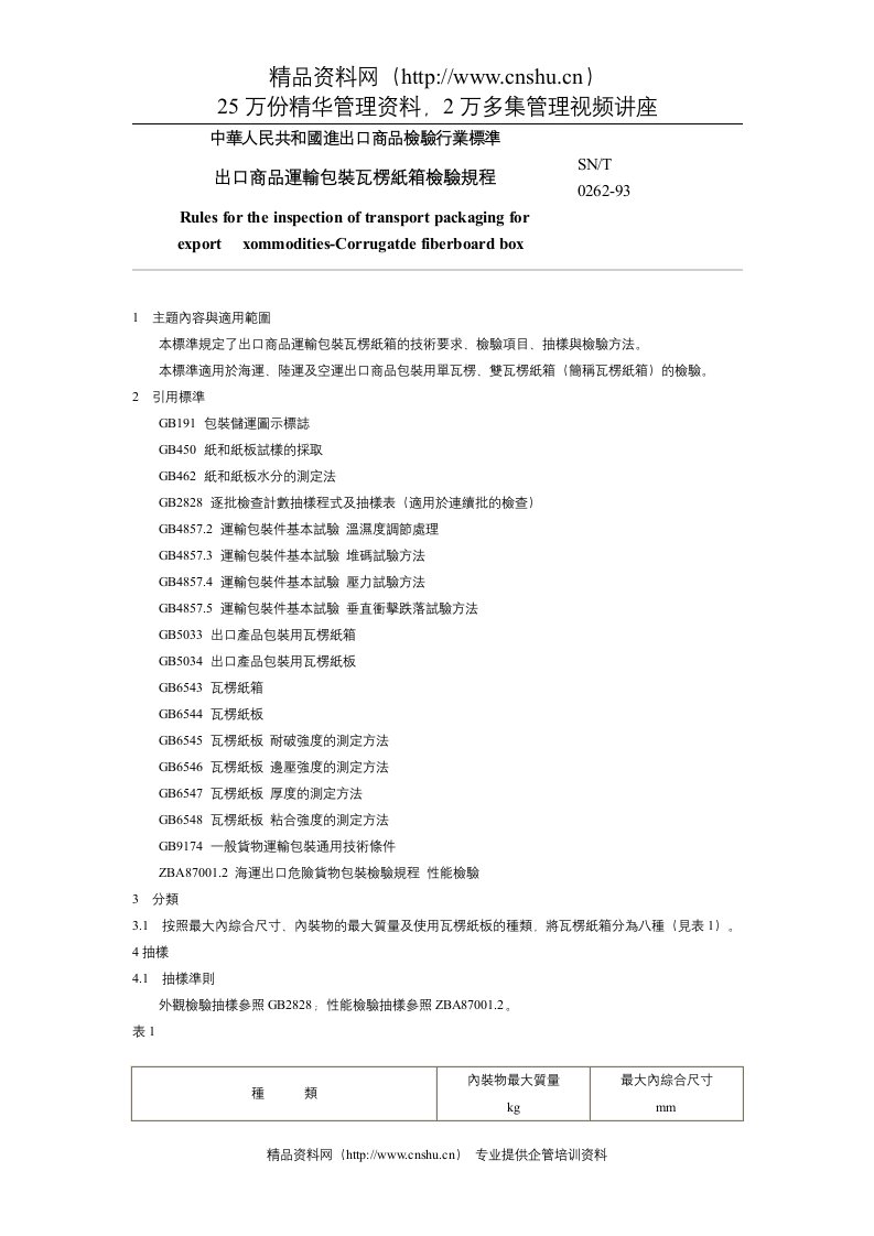 中華人民共和國國家標準-出口商品運輸包裝瓦楞紙箱檢驗規程