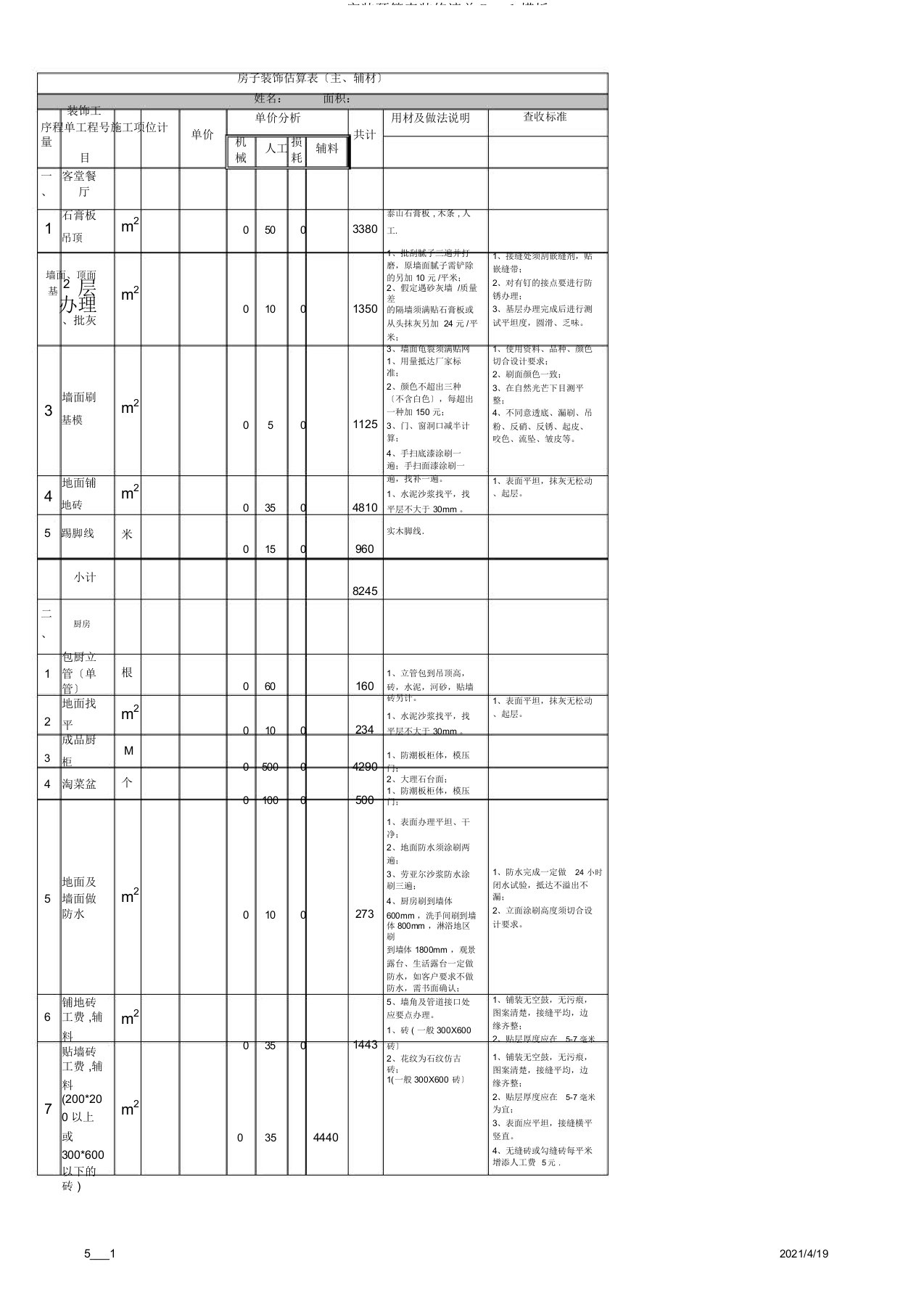 家装预算表装修清单Excel模板