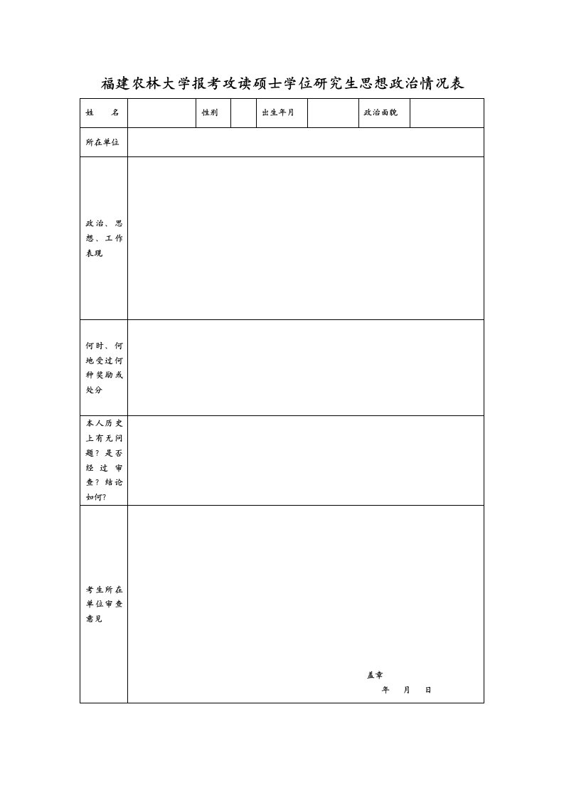 福建农林大学报考攻读硕士学位研究生思想政治情况表