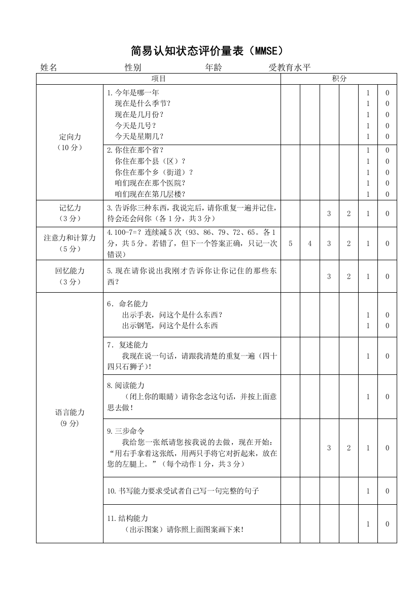 (完整版)认知状态评价量表(MMSE量表)