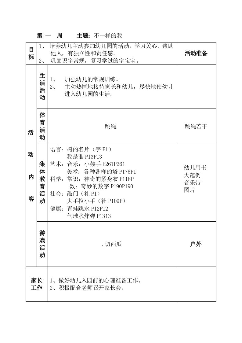 大班上学期周计划1-20周