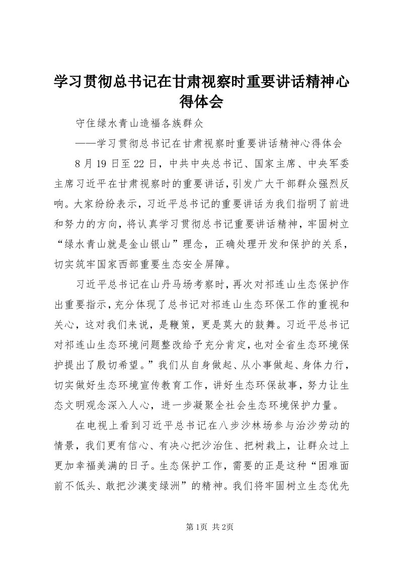 7学习贯彻总书记在甘肃视察时重要致辞精神心得体会