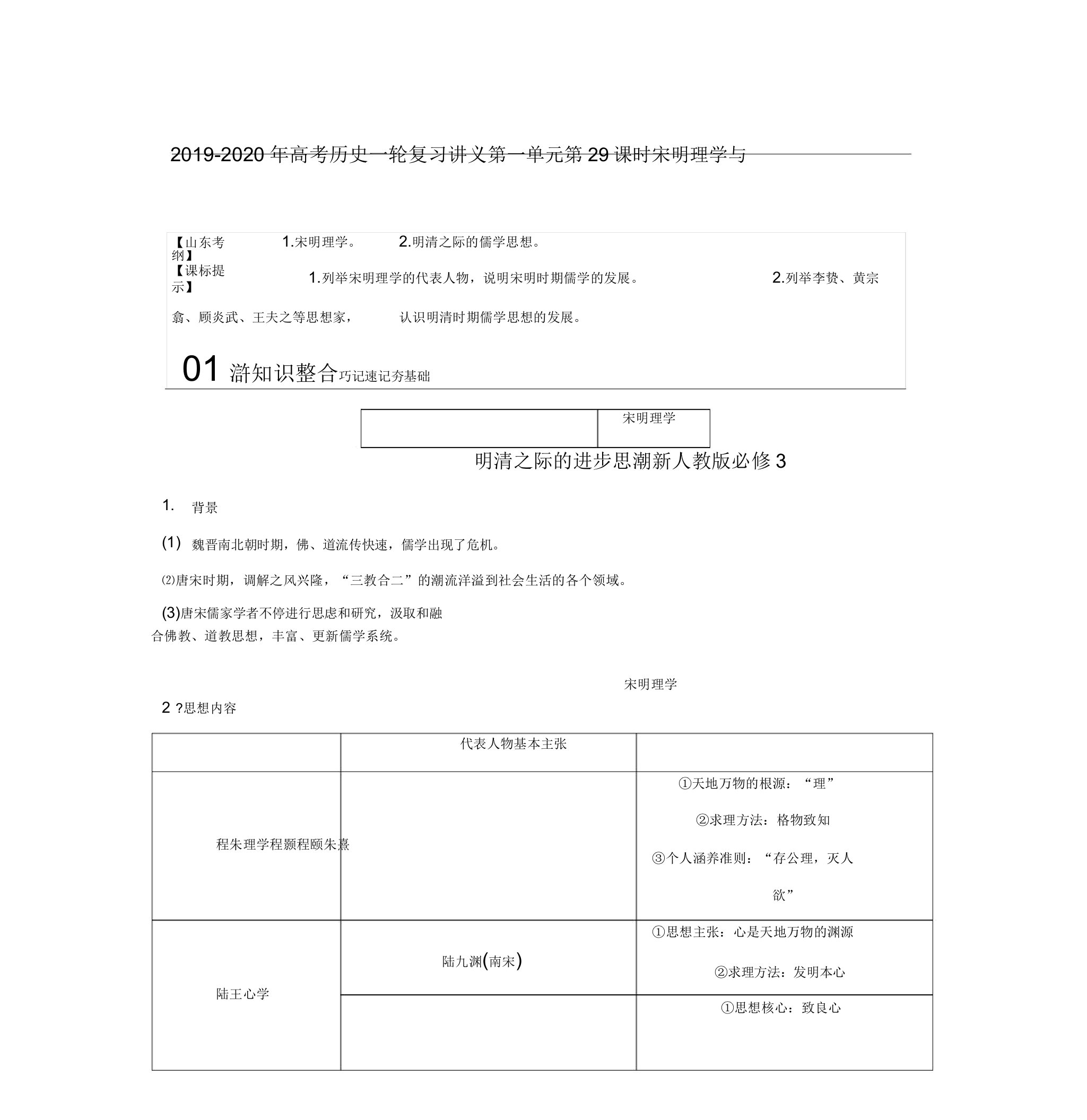 2019-2020年高考历史一轮复习讲义第一单元第29课时宋明理学与明清之际的进步思潮新人教版必修3