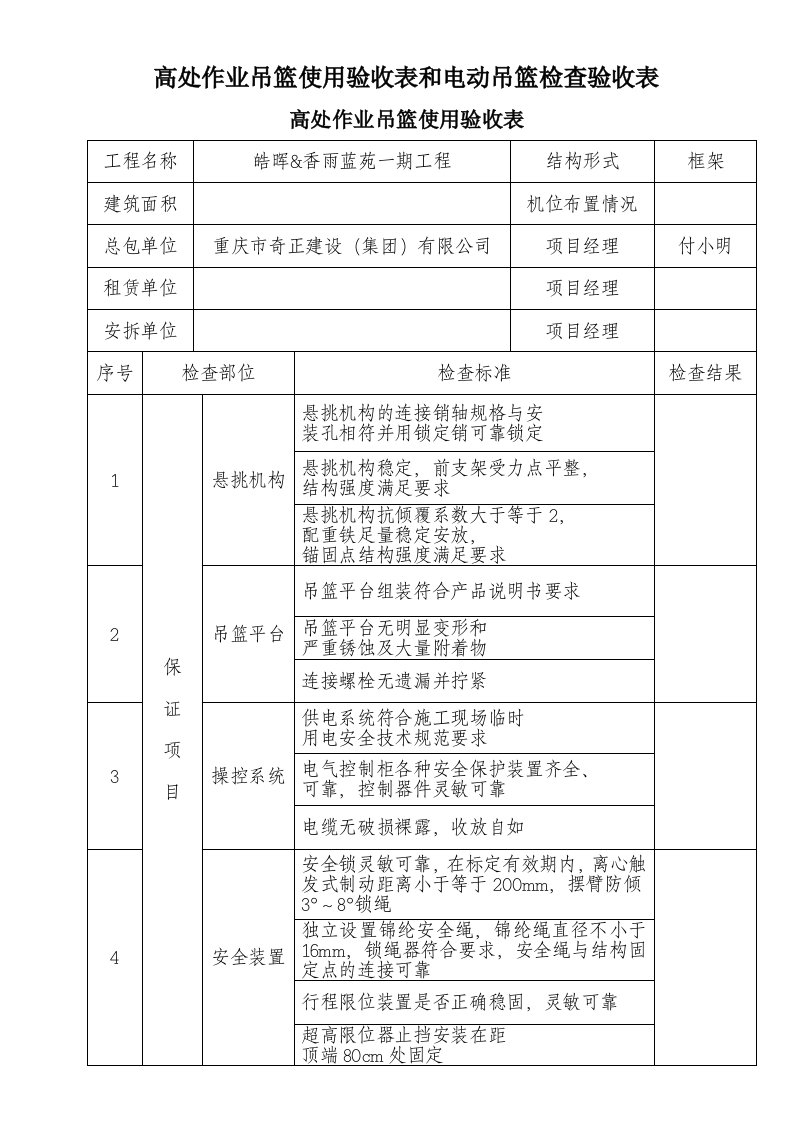 高处作业吊篮使用验收表和电动吊篮检查验收表