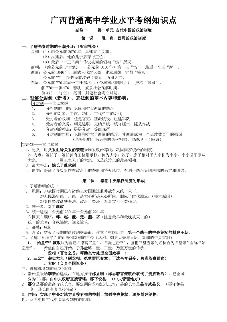 广西高中历史学业水平测试知识点