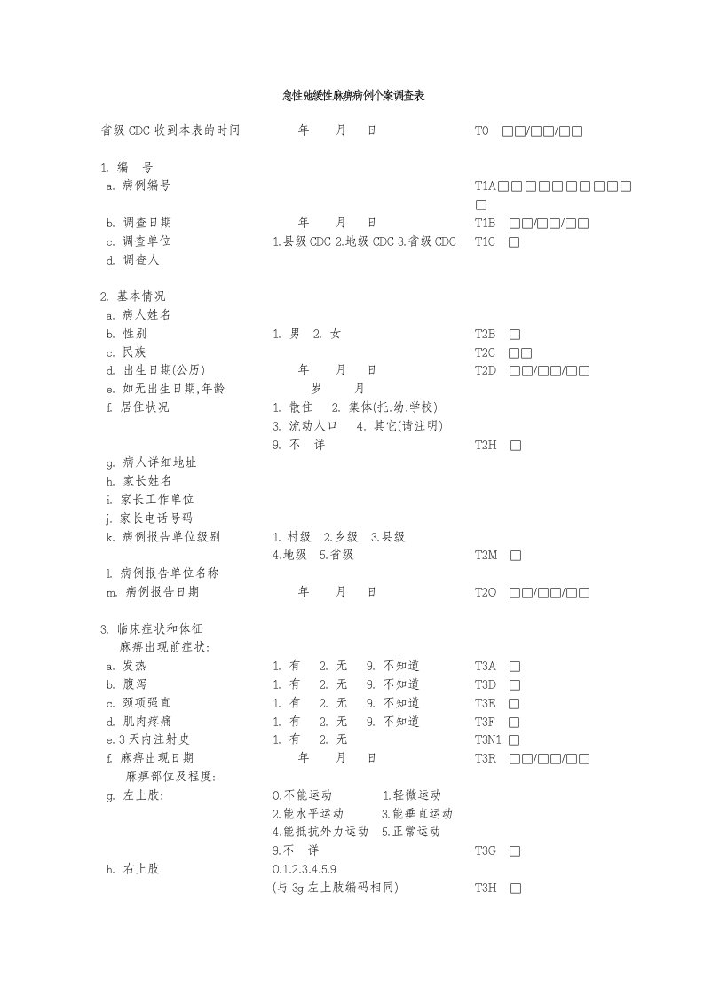 急性弛缓性麻痹病例个案调查表