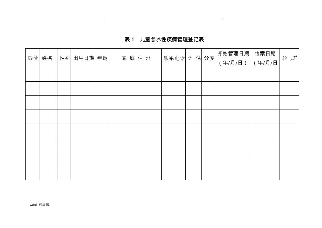 儿童营养性疾病管理登记表格模板