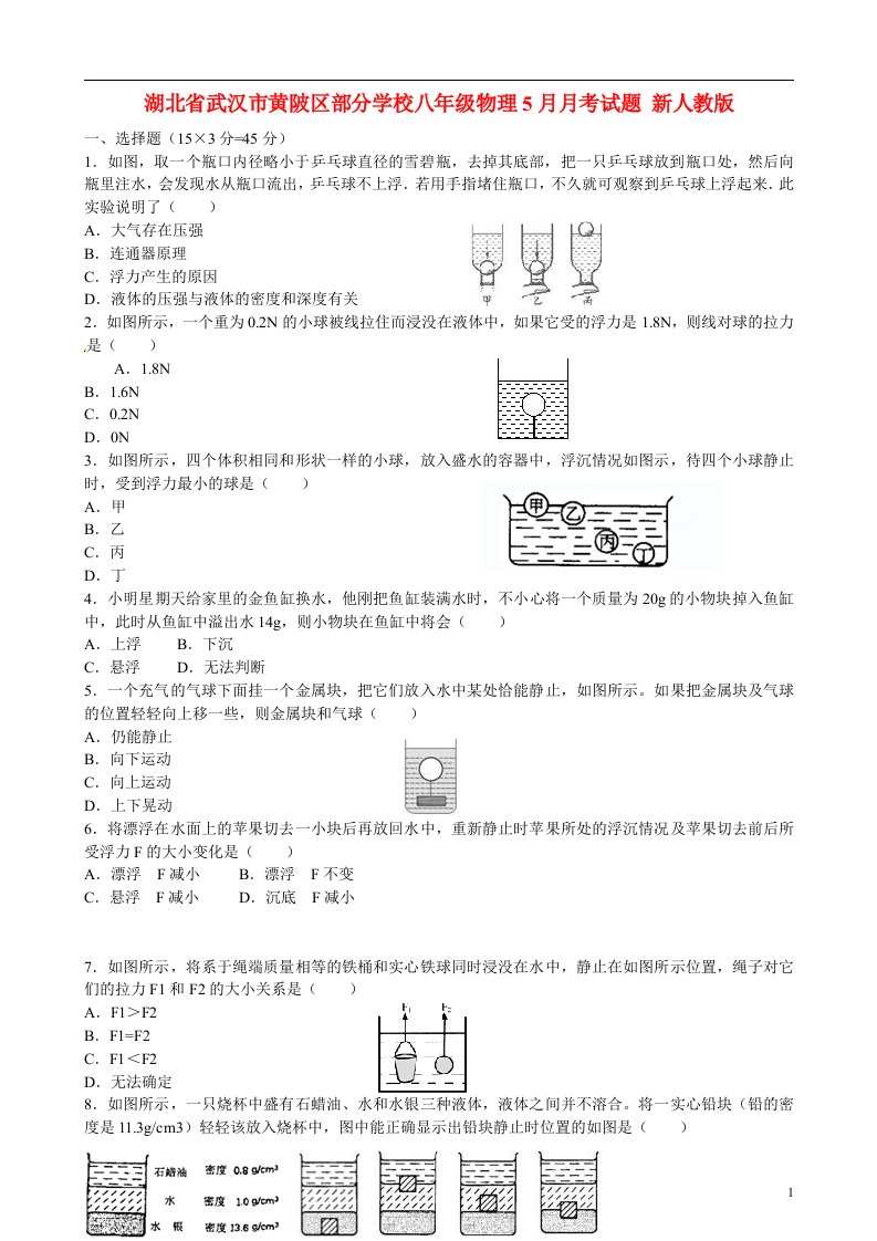 湖北省武汉市黄陂区部分学校八级物理5月月考试题