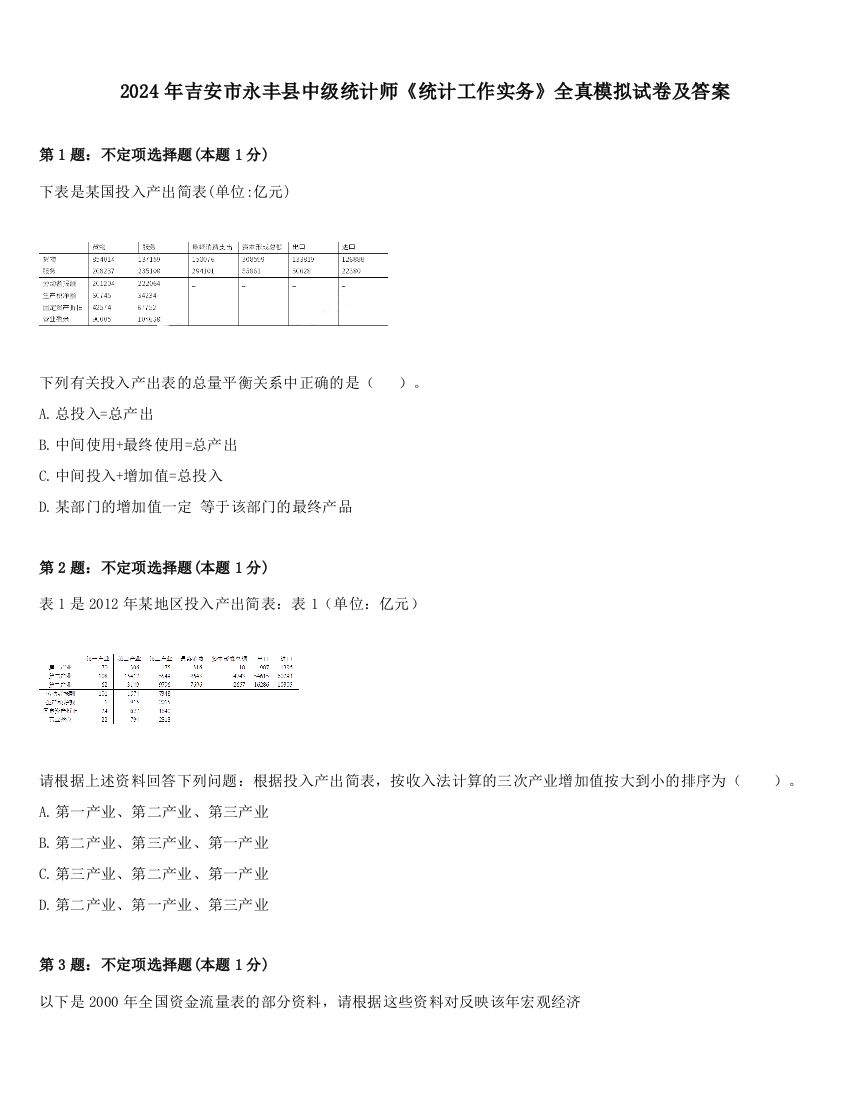 2024年吉安市永丰县中级统计师《统计工作实务》全真模拟试卷及答案