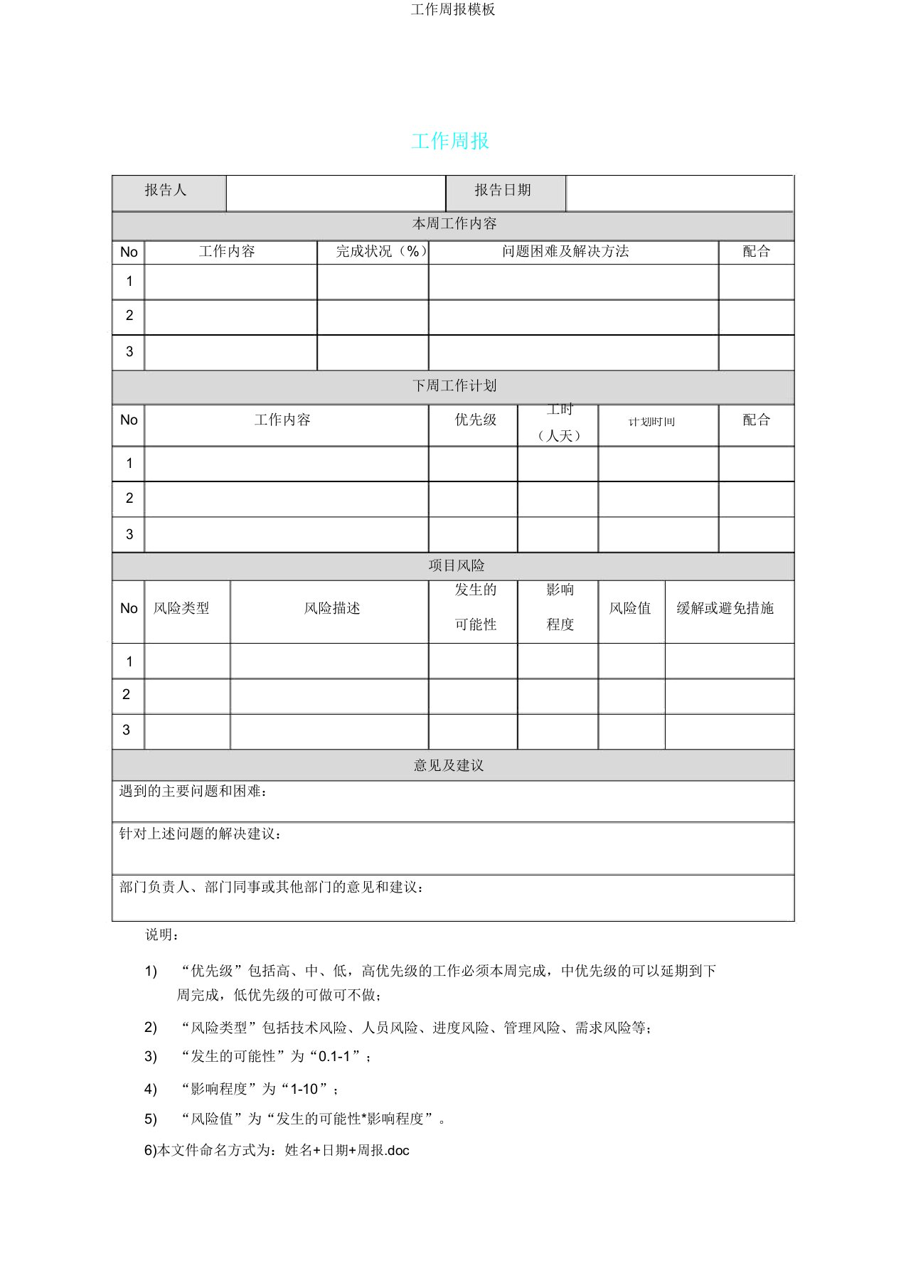 工作周报模板