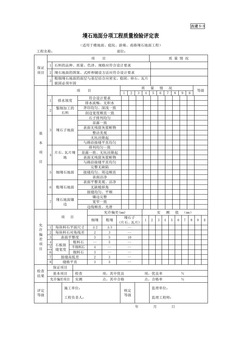 建筑工程-古建53墁石地面分项工程质量检验评定表