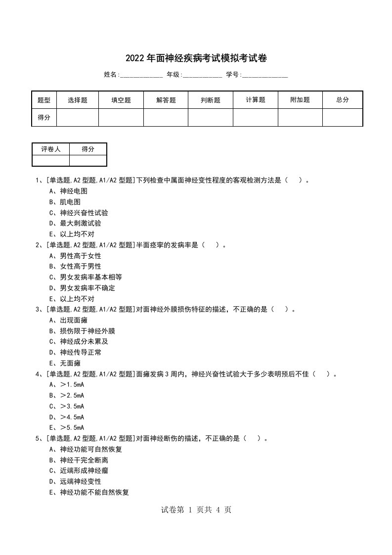 2022年面神经疾病考试模拟考试卷