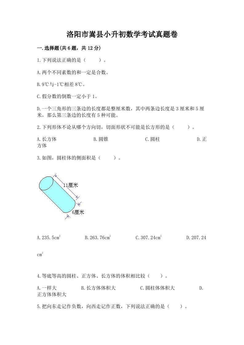 洛阳市嵩县小升初数学考试真题卷含答案