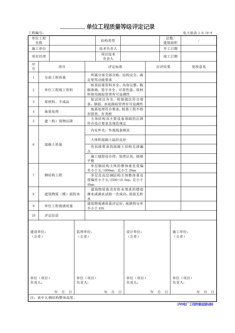 单位工程质量等级评定记录