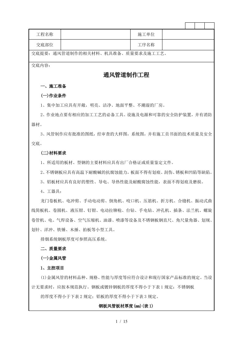 通风管道制作工程技术交底记录