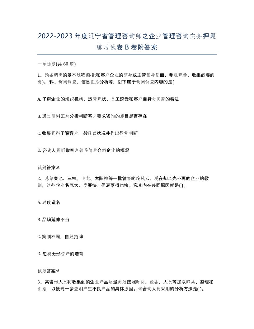 2022-2023年度辽宁省管理咨询师之企业管理咨询实务押题练习试卷B卷附答案