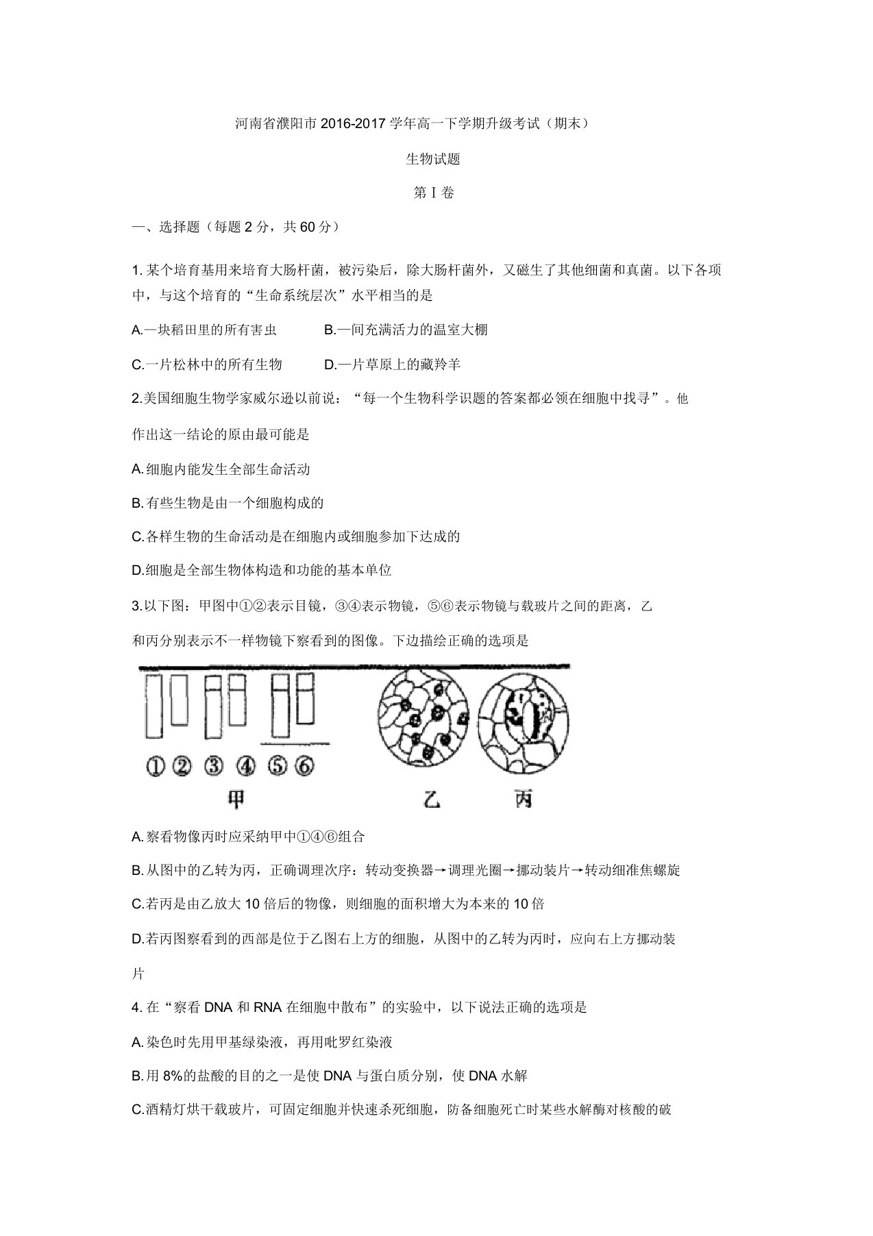 河南省濮阳市高一下学期升级考试(期末)生物试题含