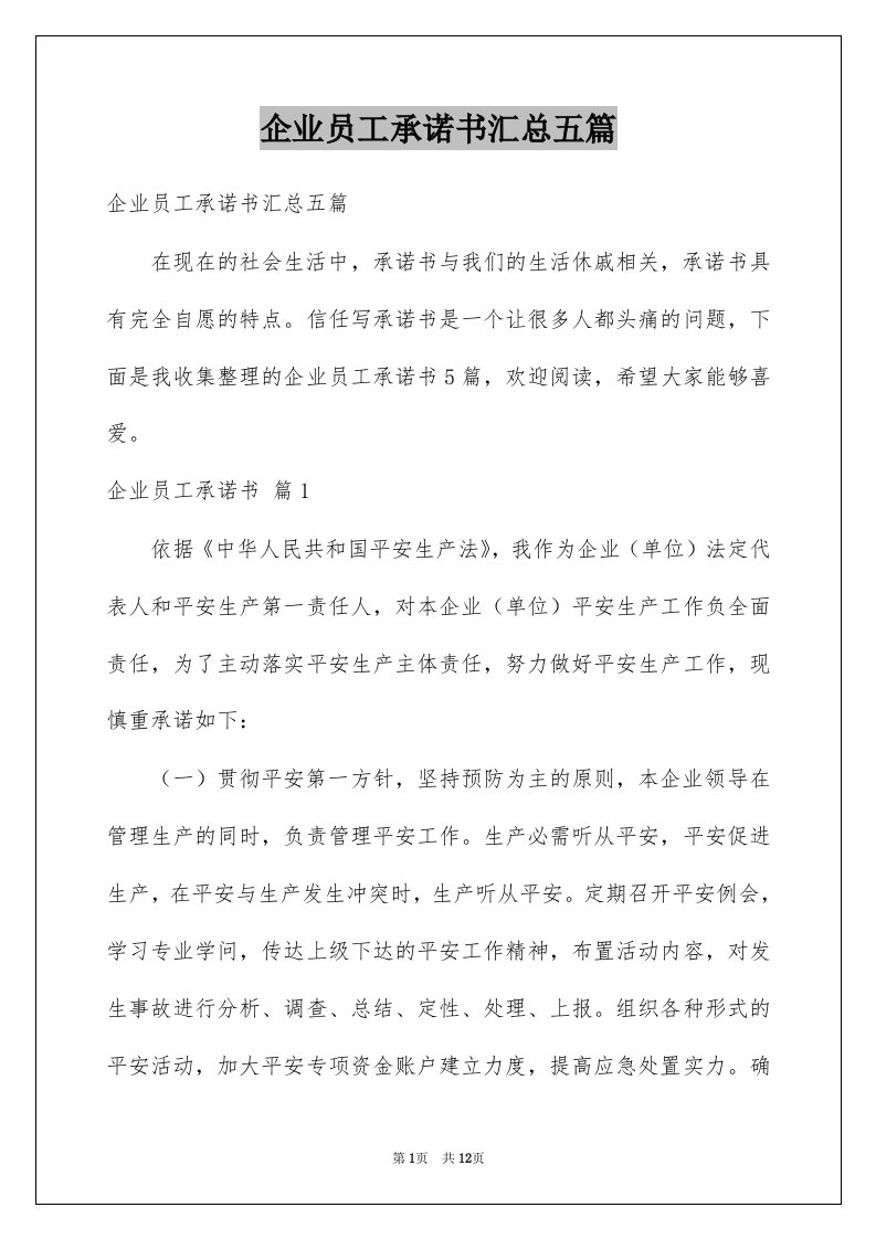 企业员工承诺书汇总五篇例文