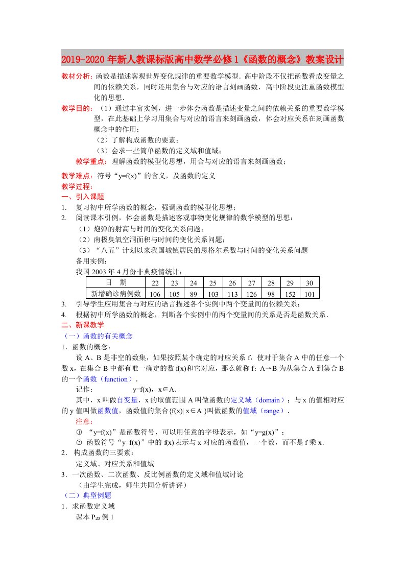 2019-2020年新人教课标版高中数学必修1《函数的概念》教案设计