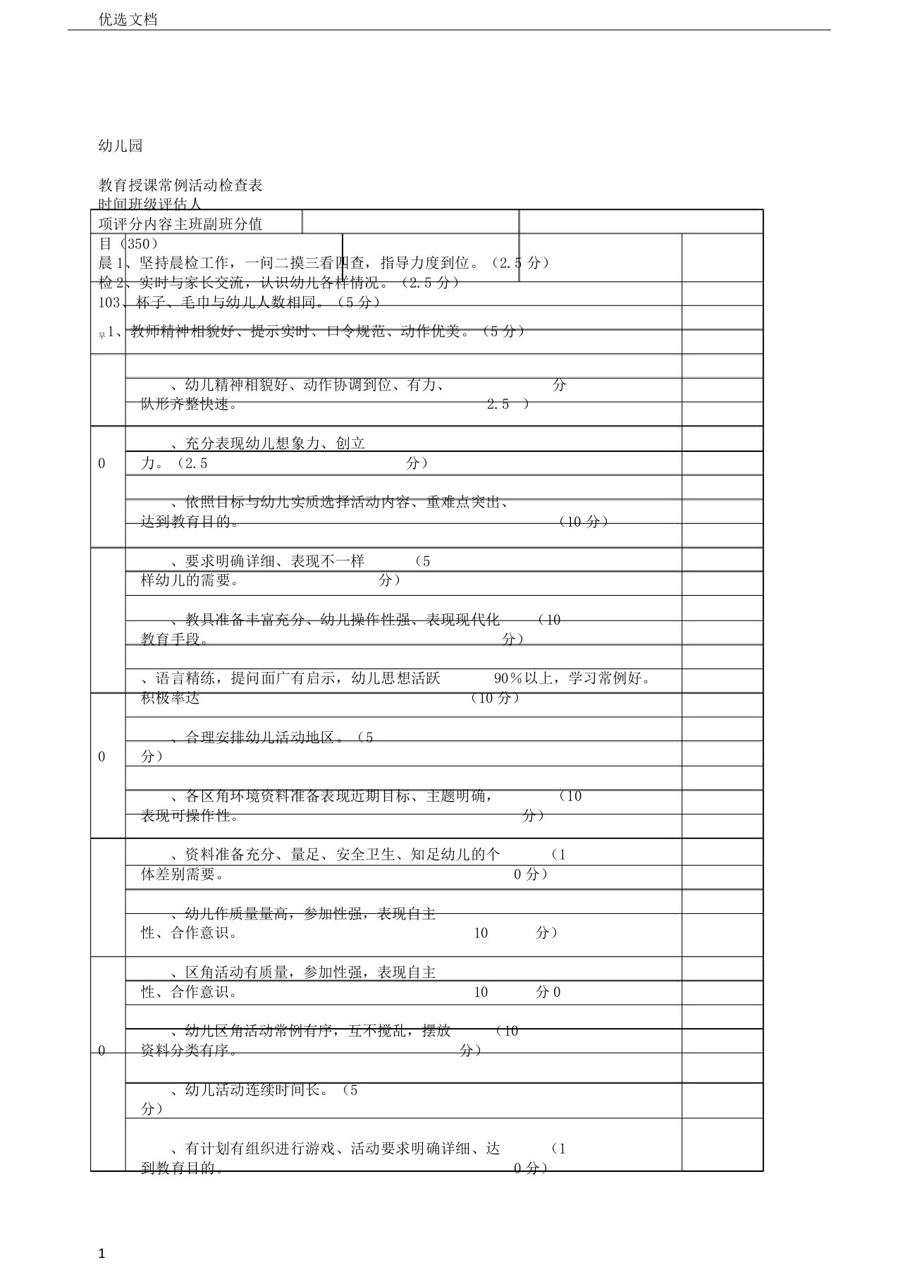 幼儿园教学常规活动检查表格