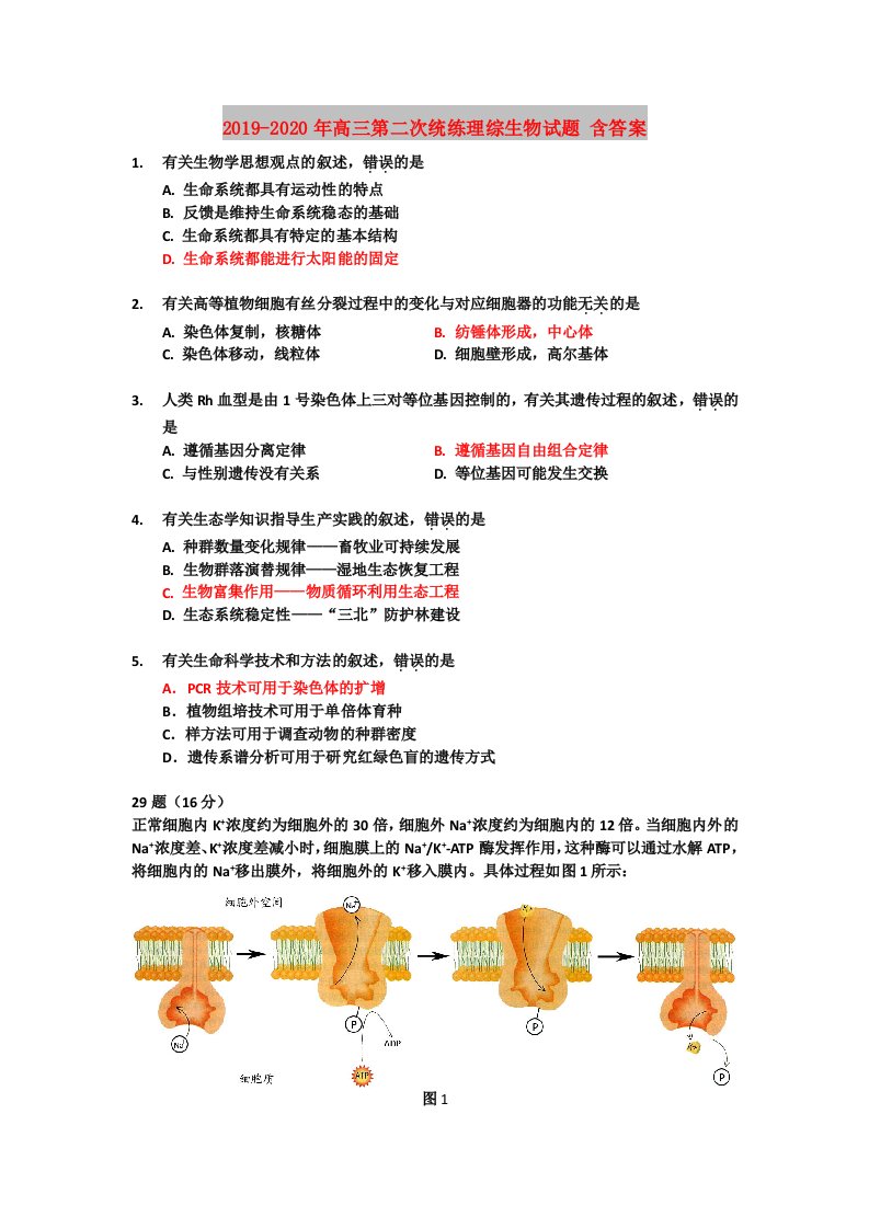 2019-2020年高三第二次统练理综生物试题