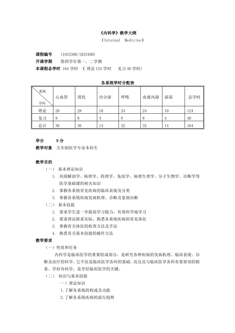 内科学教学大纲