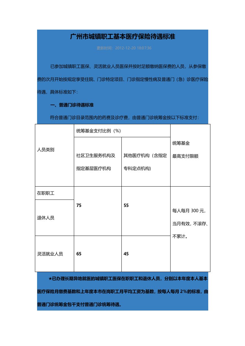 广州市城镇职工基本医疗保险待遇标准