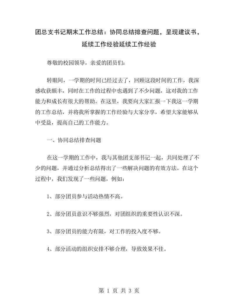 团总支书记期末工作总结：协同总结排查问题，呈现建议书，延续工作经验