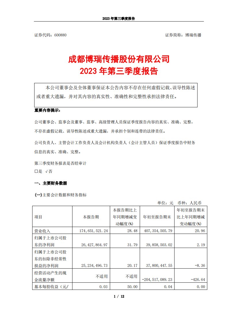 上交所-博瑞传播2023年第三季度报告-20231030