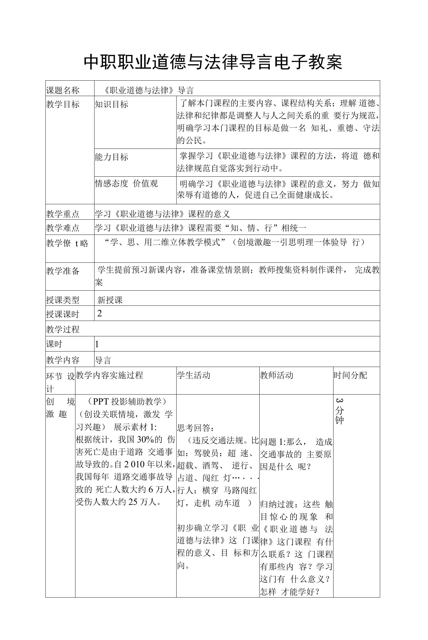 中职职业道德与法律导言电子教案