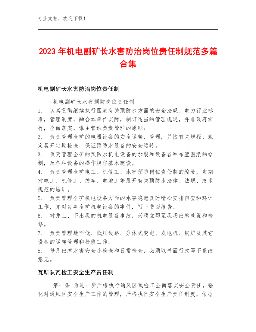 2023年机电副矿长水害防治岗位责任制规范多篇合集