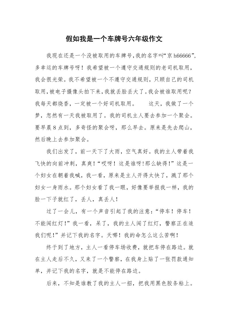 假如我是一个车牌号六年级作文