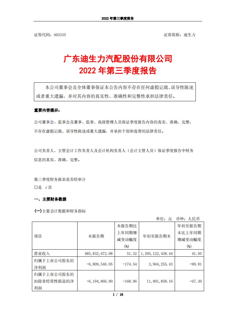 上交所-广东迪生力汽配股份有限公司2022年第三季度报告-20221027