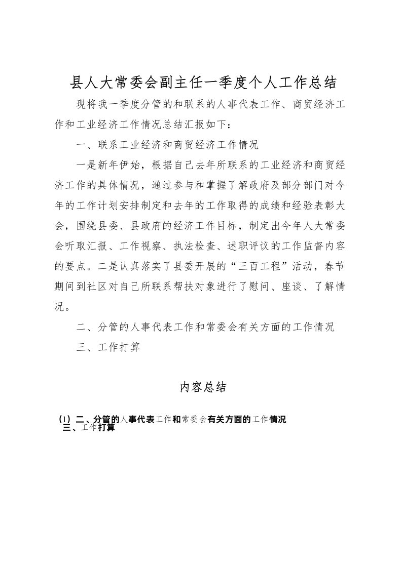 2022县人大常委会副主任一季度个人工作总结