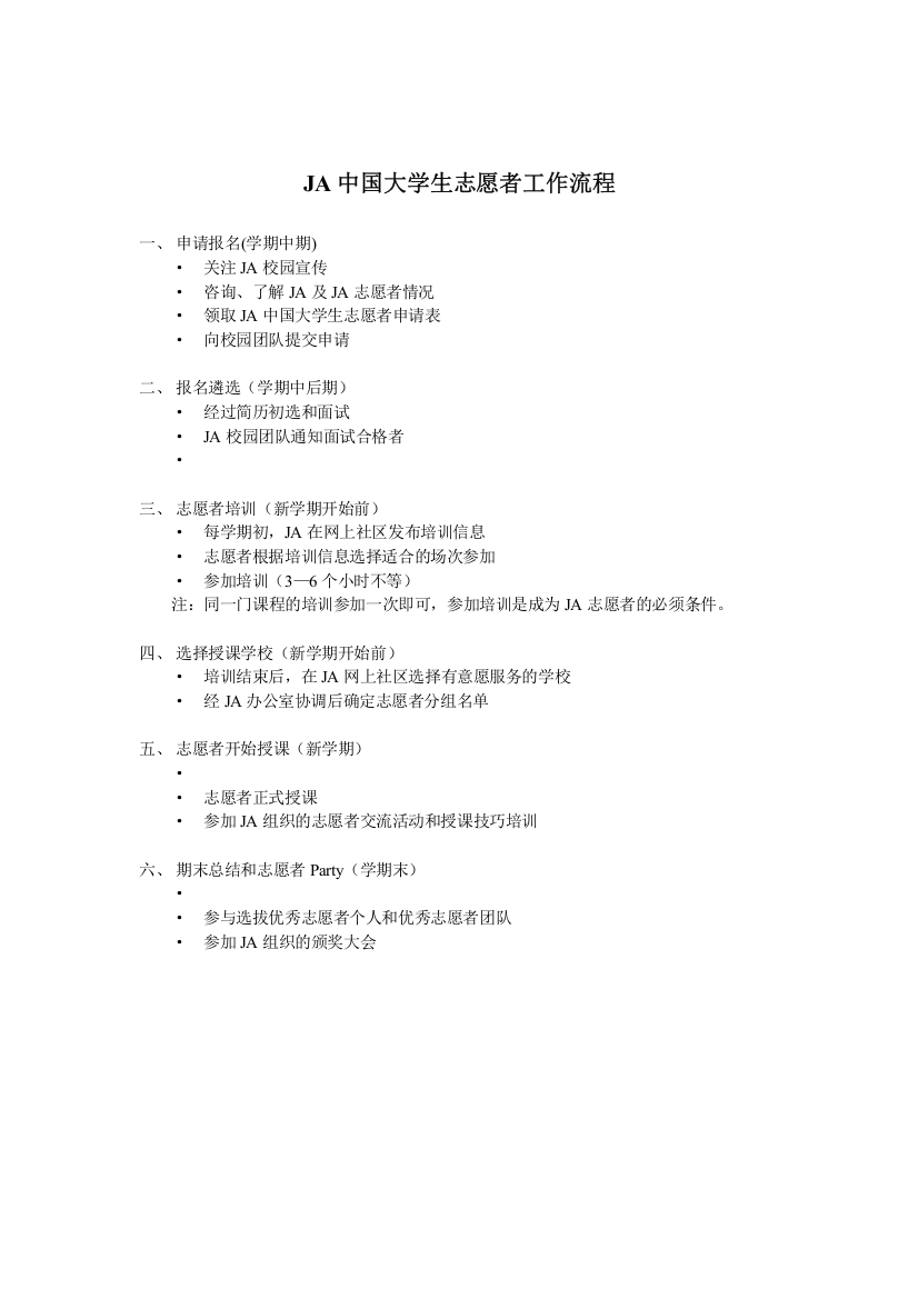 6-JA中国大学生志愿者工作流程(打印给面试合格的志愿者)