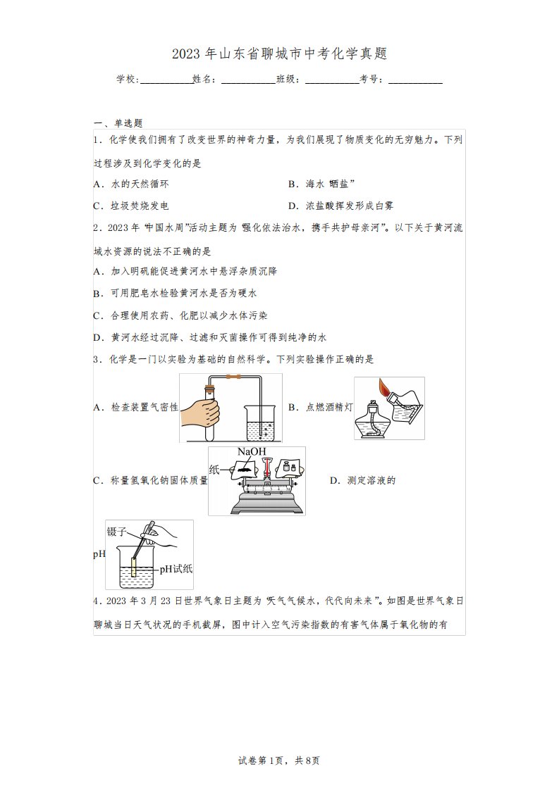 2023年山东省聊城市中考化学真题(含答案解析)