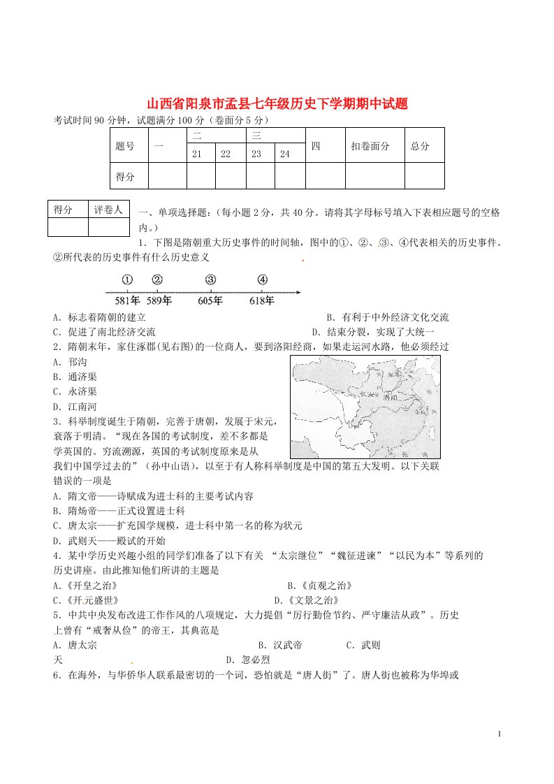 山西省阳泉市孟县七级历史下学期期中试题