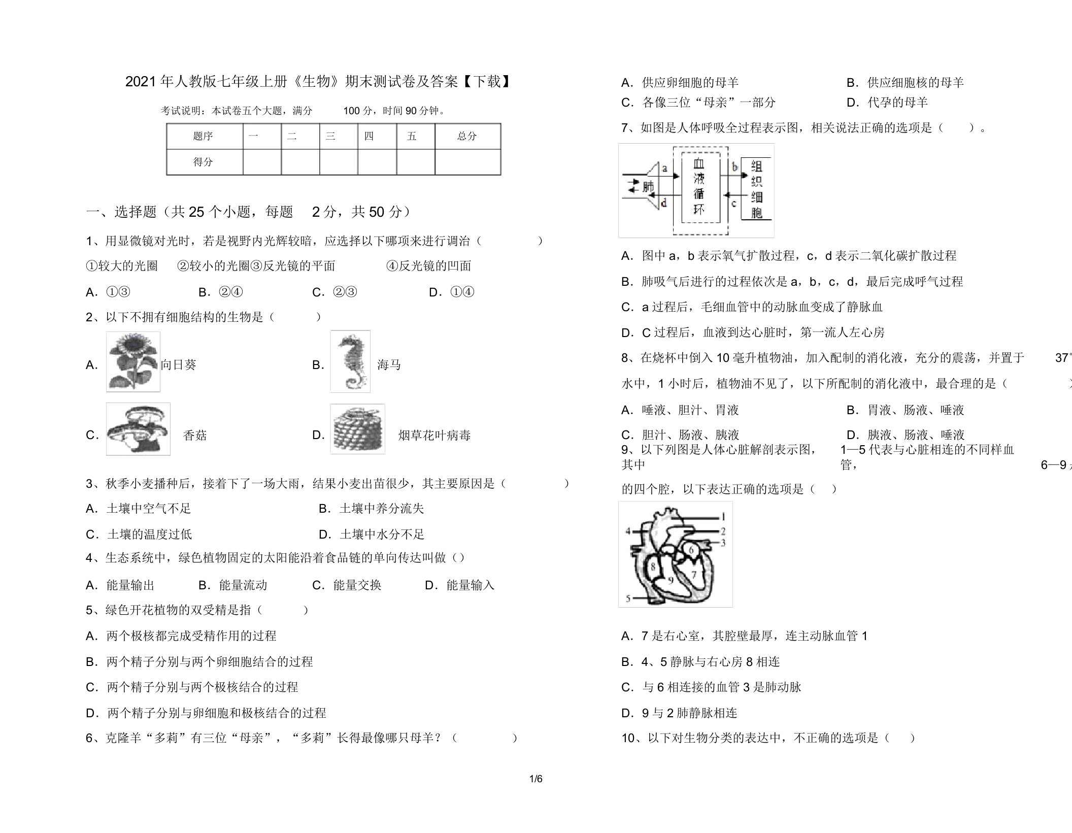 2021年人教版七年级上册《生物》期末测试卷【下载】