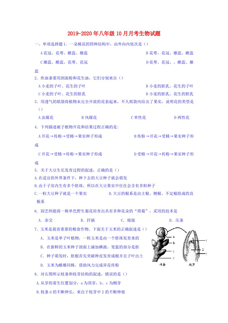 2019-2020年八年级10月月考生物试题