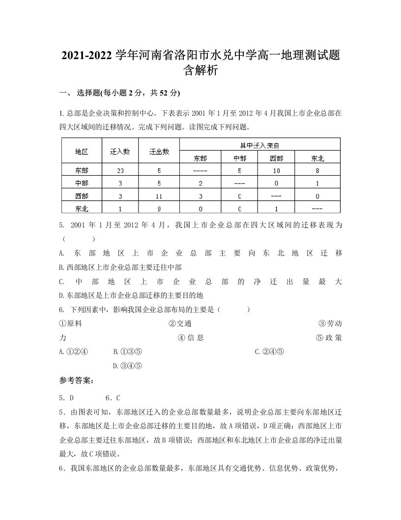 2021-2022学年河南省洛阳市水兑中学高一地理测试题含解析