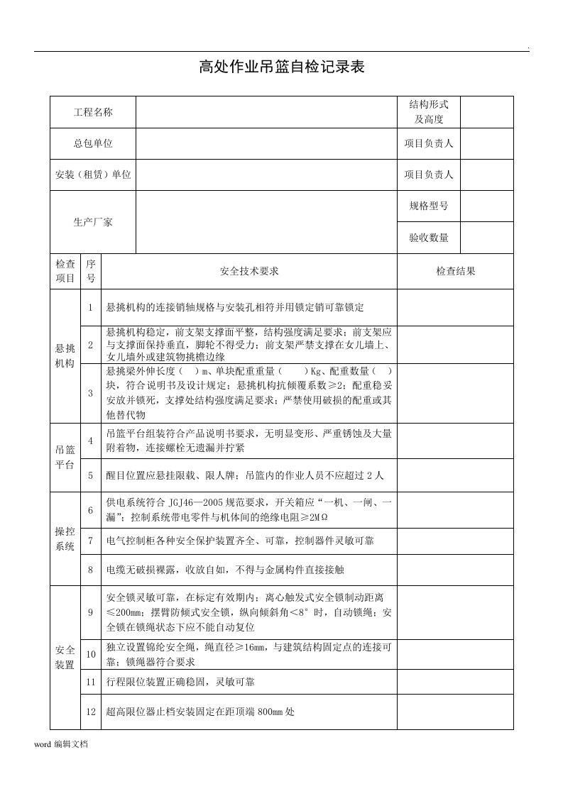 高处作业吊篮自检记录表