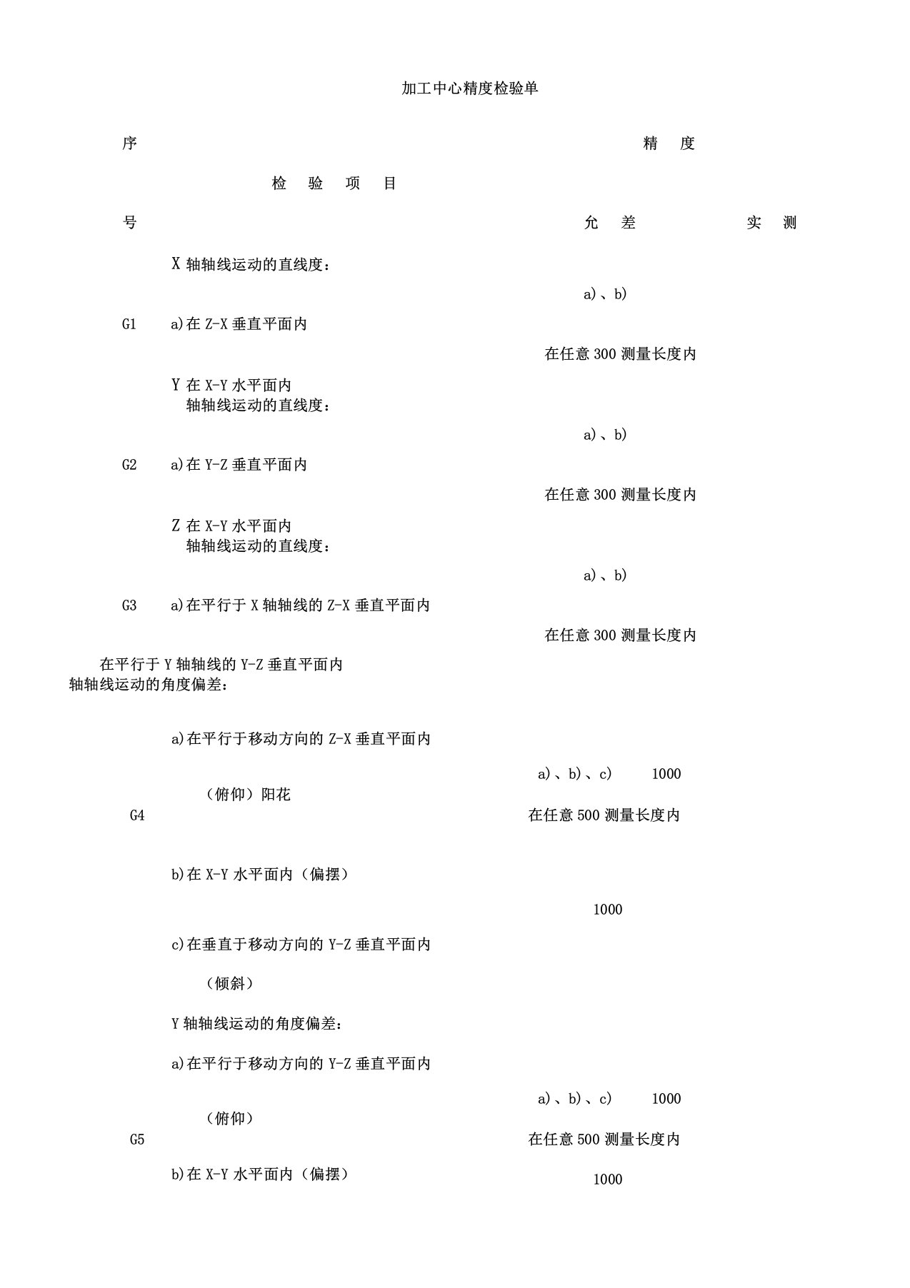 加工中心精度检验单