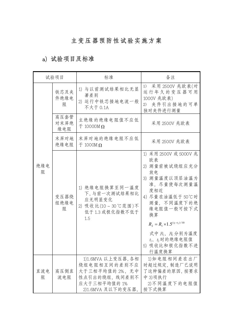 主变压器预防性试验实施方案