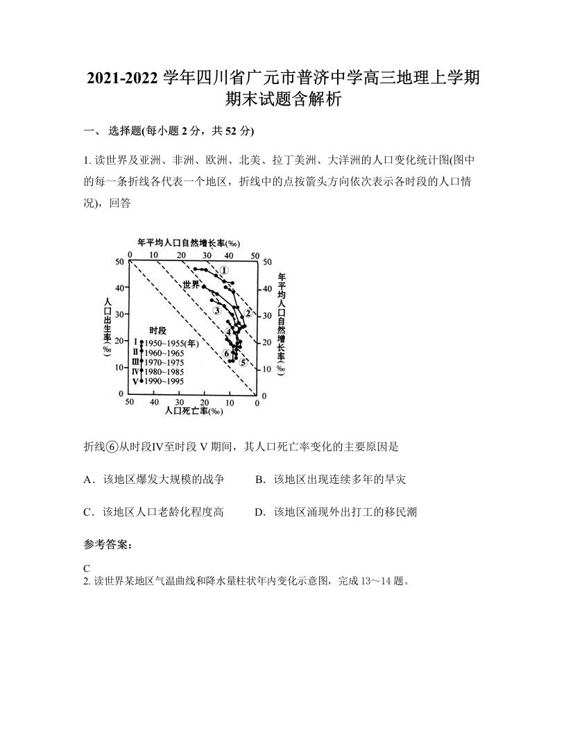 2021-2022学年四川省广元市普济中学高三地理上学期期末试题含解析