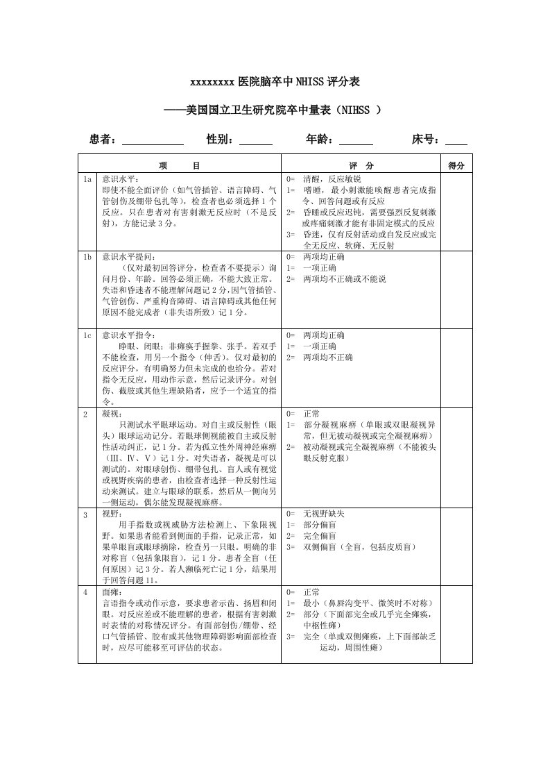 脑卒中NHISS评分表